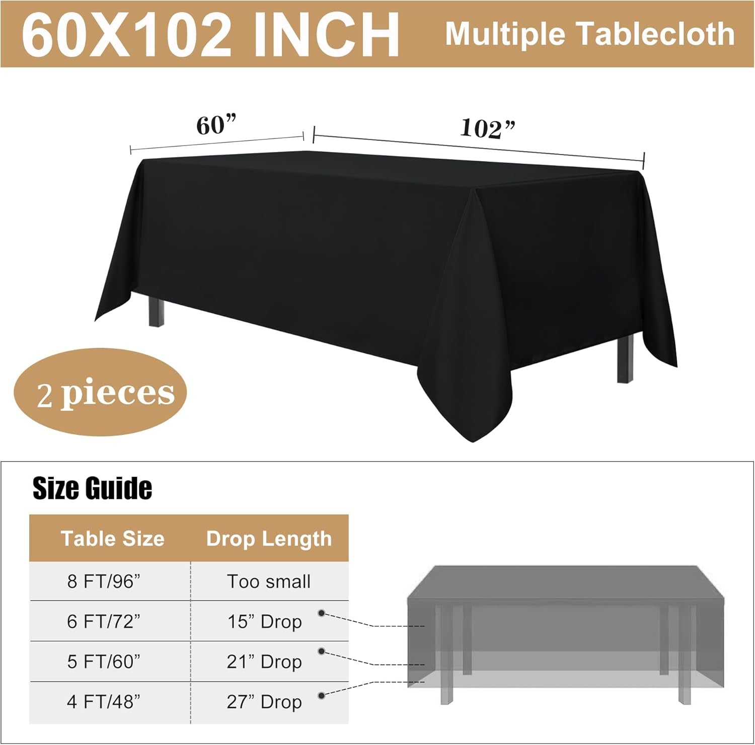 2 Pack Black Tablecloth 60 X 102 Inch, Rectangle 6 Feet Table Cloth - Stain and Wrinkle Resistant Washable Polyester Table Cover for Dining Tables, Buffet Parties and Camping