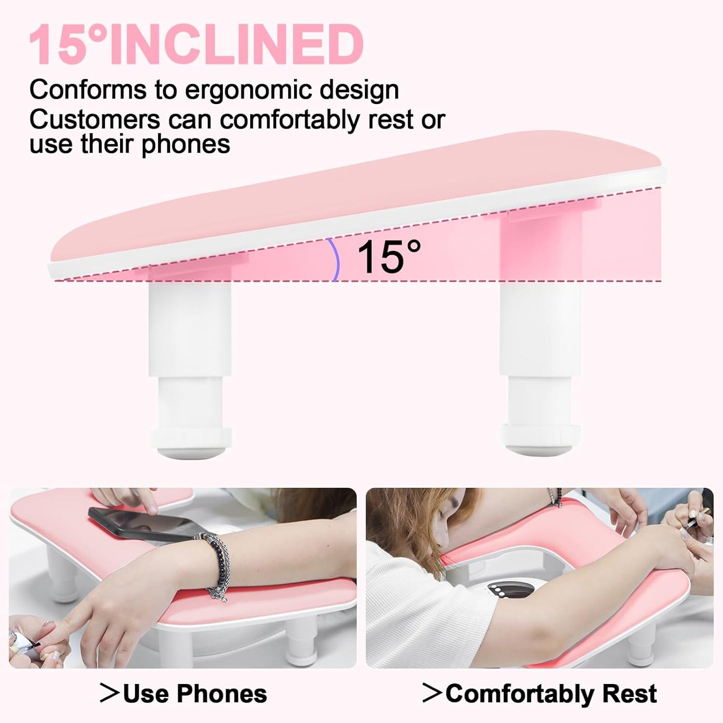 Nail Arm Rest, U-Shaped Adjustable Height Nail Hand Rest for Manicure, Microfiber PU Leather Hand Rest Pillow for Acrylic Nail, Soft Hand Rest/Nail Hand Pillow for Manicure Salon Use-Pink