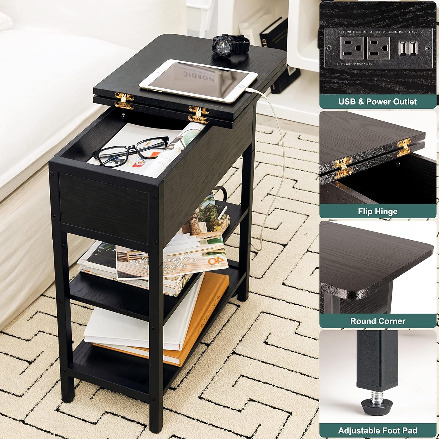 End Table with Charging Station, Flip Top Side Table with USB Ports and Outlets, Sofa Couch Table Bedside Table for Living Room Bedroom, Narrow Nightstand with Storage Shelves for Small Space