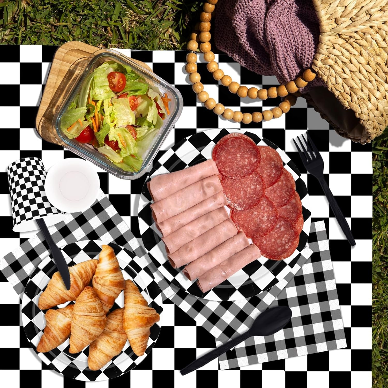 176 PCS Race Car Birthday Party Decorations Black and White Gingham Plates and Napkins, Cups Plastic Spoons Forks Knives, Cutlery for Cars Birthday Decorations, Serves 25