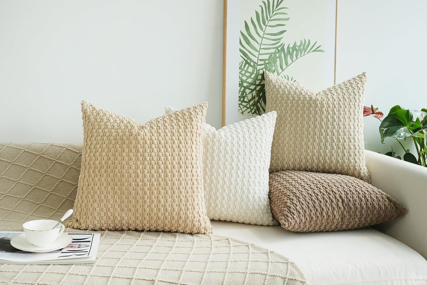 Pack of 4 Neutral Decorative Throw Pillow Covers Farmhouse Boho Home Decor Striped Corduroy Square Pillowcases 18 X 18 Inch Beige Chocolate