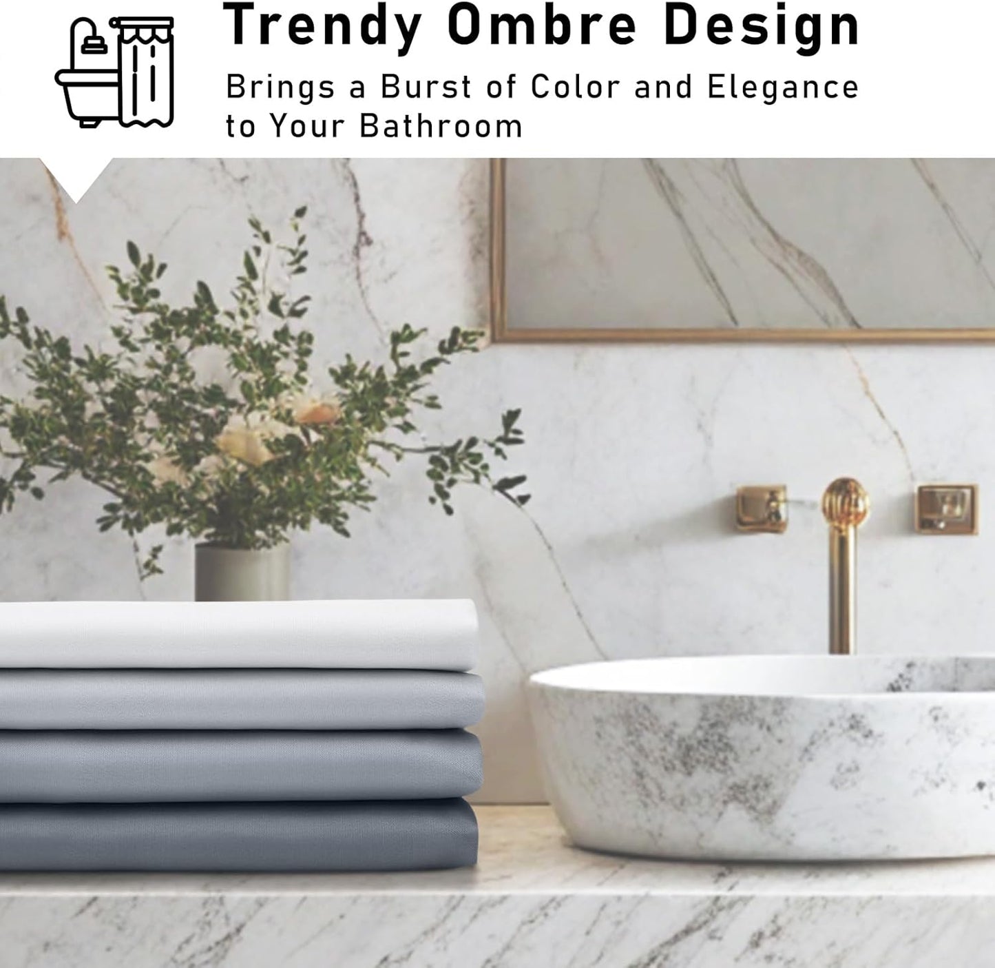 Fabric Shower Curtain for Bathroom, Grey Ombre Bath Shower Curtains Sets with 12 Hooks, Waterproof, Machine Washable, 72 X 72 Inch