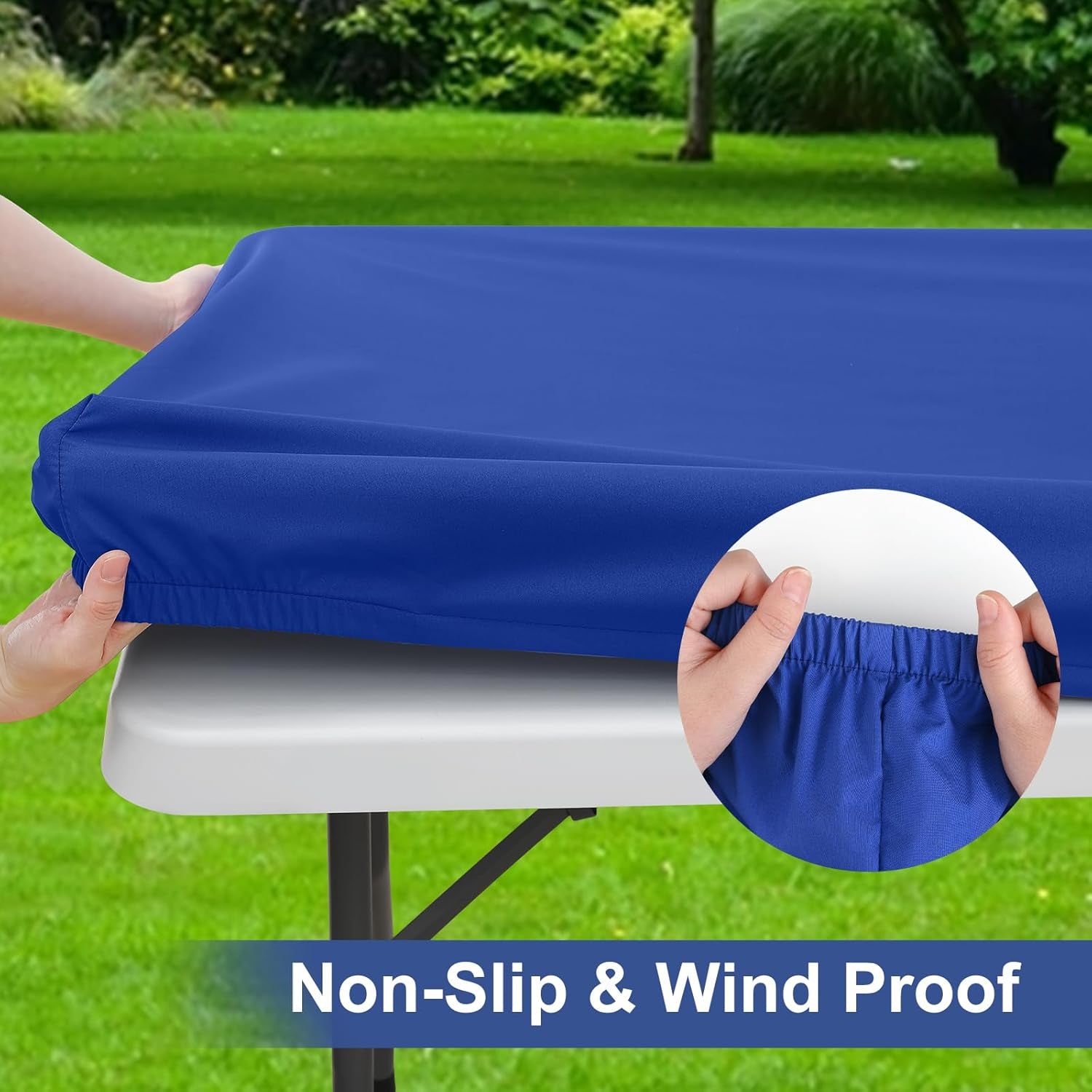 2 Pack 6 Foot Rectangle Elastic Fitted Tablecloth, Waterproof Fabric Table Cover, Washable Polyester Table Cloth for Picnic, Camping, Outdoor (Blue, 30" X 72")