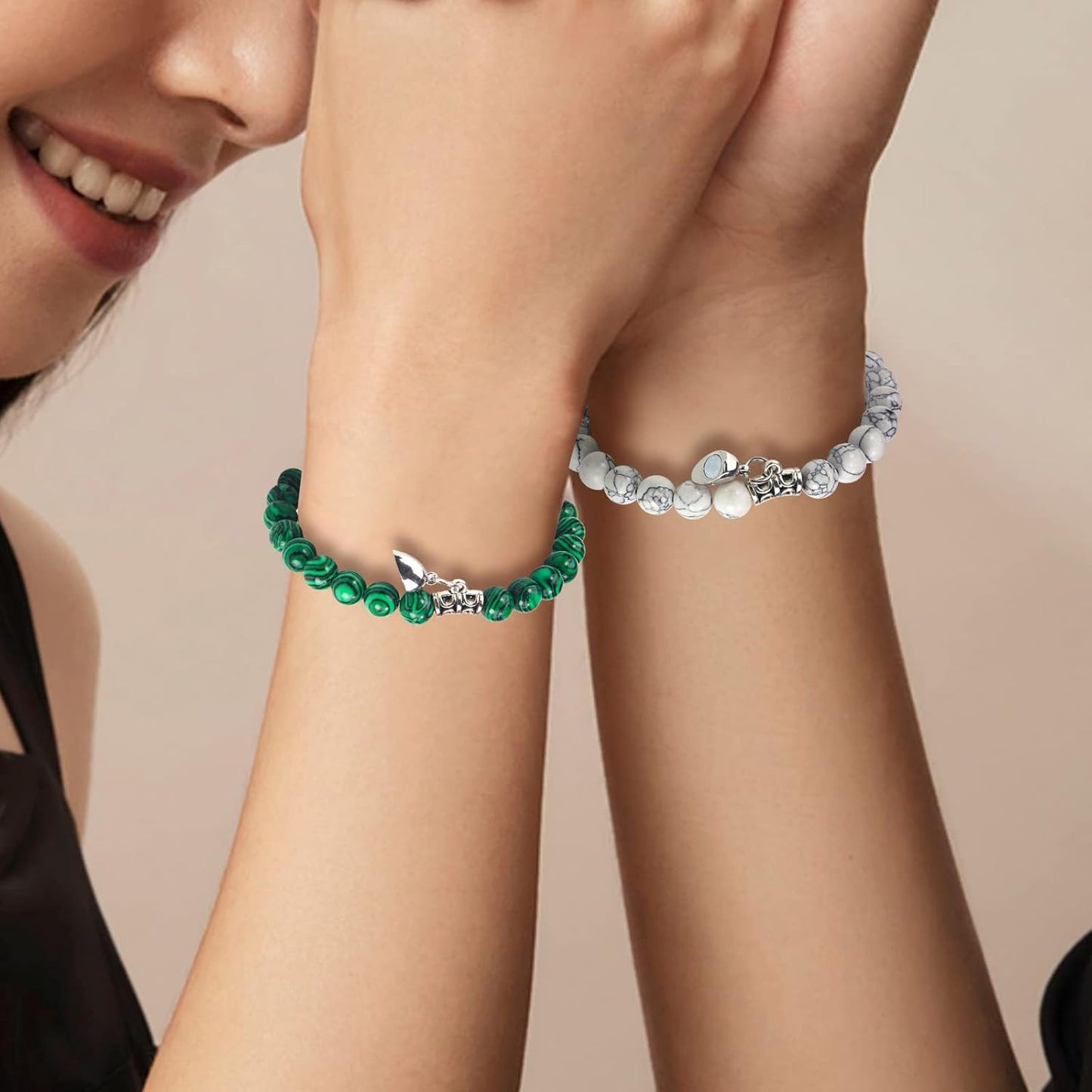 Valentine'S Day 2 Pieces of Magnetic Suction Love Set Bracelet, Natural Stone Bead Bracelet Set, Boyfriend and Girlfriend Long Handmade Bracelet Jewelry Gift (Wait)