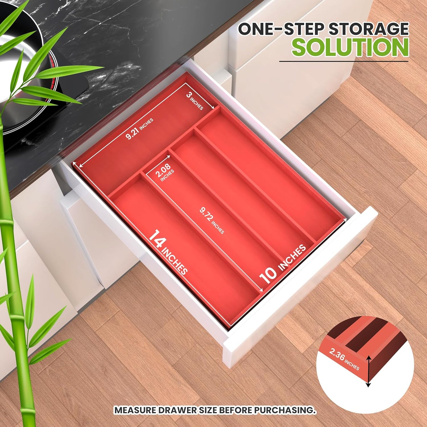 Silverware Organizer, Bamboo Utensil Drawer Organizer for Cutlery, Utensils & Flatware (5 Compartment, Coral) Pack of 1