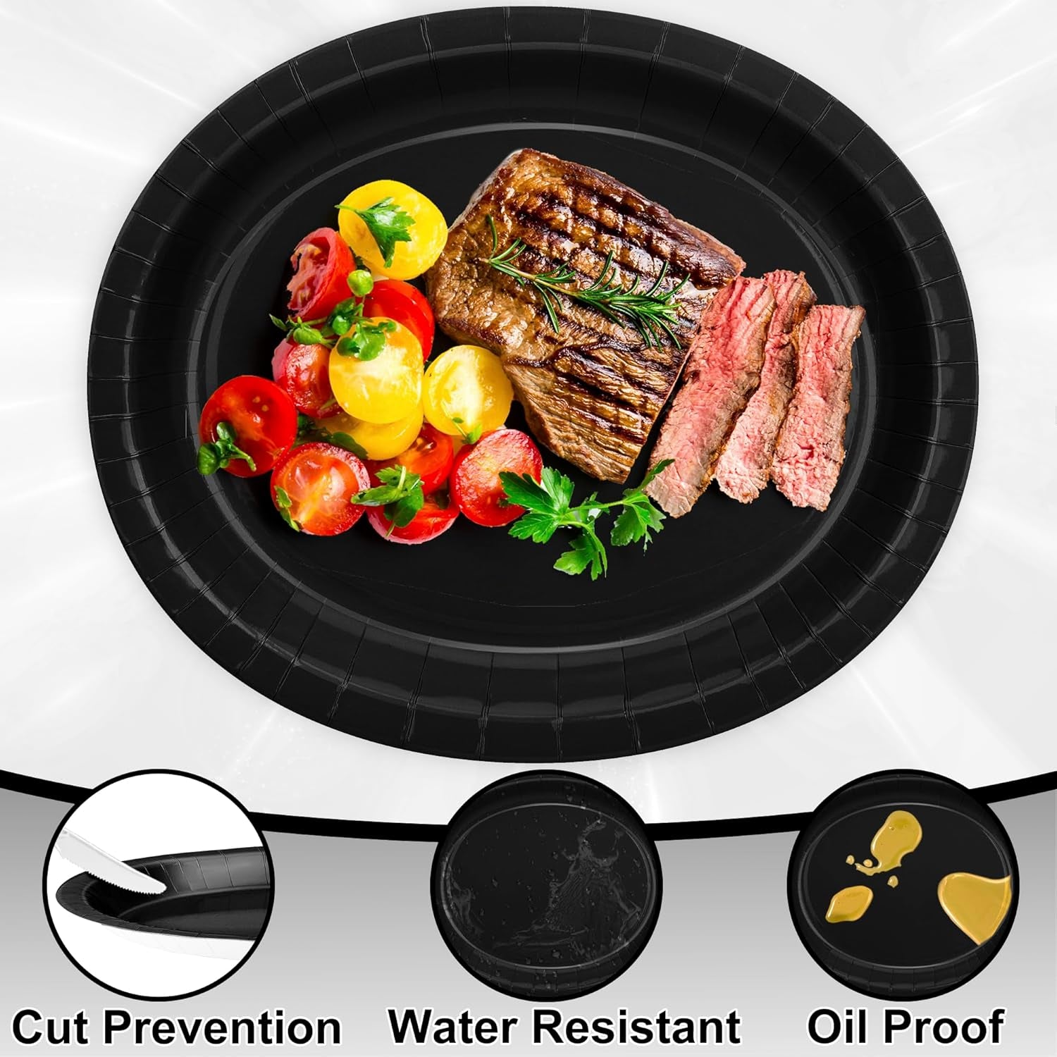 50 Count Black Large Paper Plates, 12.2'' X 10.2'' Oval Disposable Plates, Daily Heavy Duty Dinnerware Party Decorations for Birthday Wedding Formal Dinner Holiday