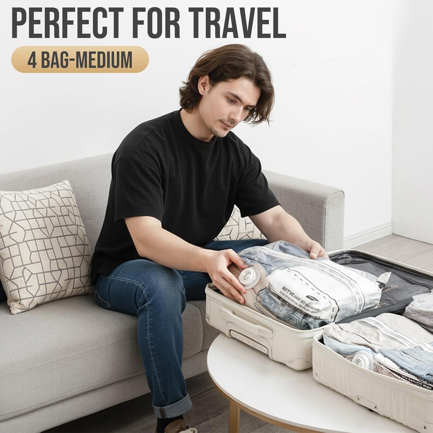 Vacuum Storage Bags for Travel, Medium Cube (25X19X11 Inch), 4 Pack Vacuum Seal Bags for Clothing, Compression Packing for Clothes, Blankets, Baby Clothes, No Pump Needed, Travel Accessories