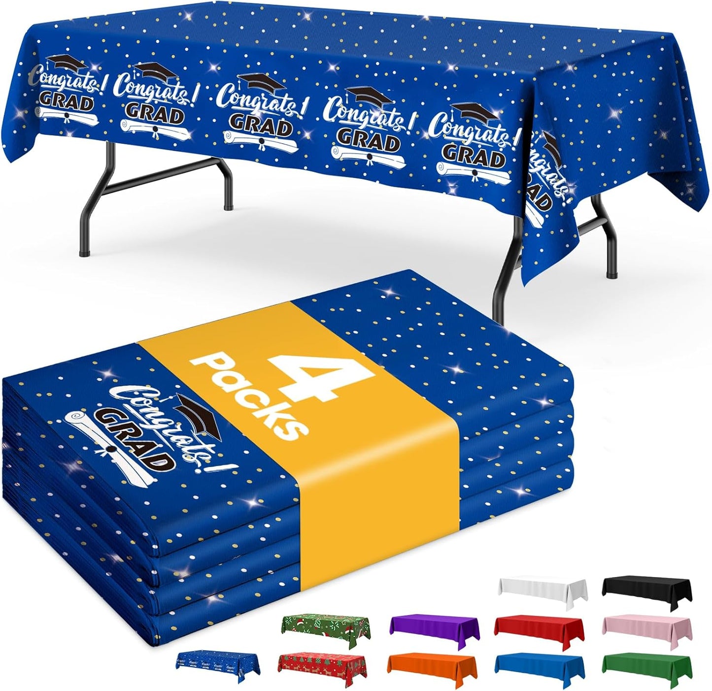 Graduation Blue Plastic Table Cloth - 4 Pack 54" × 108" Rectangle Disposable Tablecloths for 6FT Tables, Waterproof Table Cover for Party, Holiday & Gathering Use