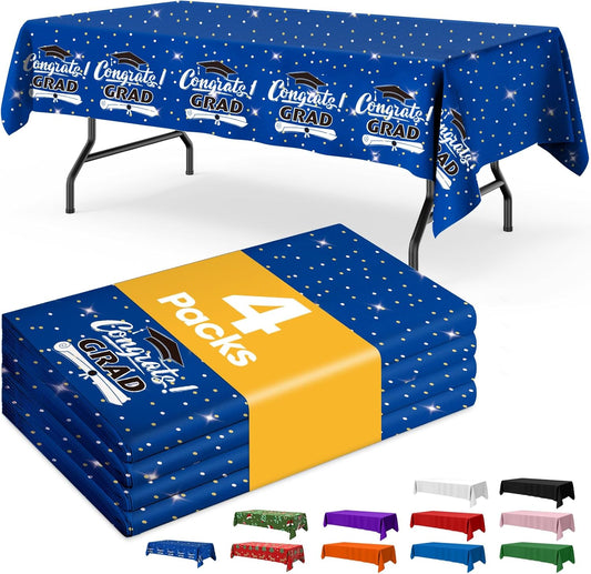 Graduation Blue Plastic Table Cloth - 4 Pack 54" × 108" Rectangle Disposable Tablecloths for 6FT Tables, Waterproof Table Cover for Party, Holiday & Gathering Use