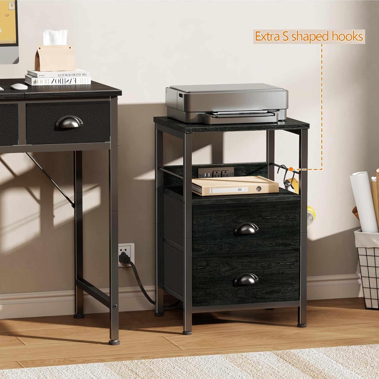 Nightstand Set of 2, Black Oak, with Charging Station and USB Ports, Side Tables with 2 Fabric Drawers, Bedside Tables with Storage Shelf & Hooks, for Living Room/Bedroom