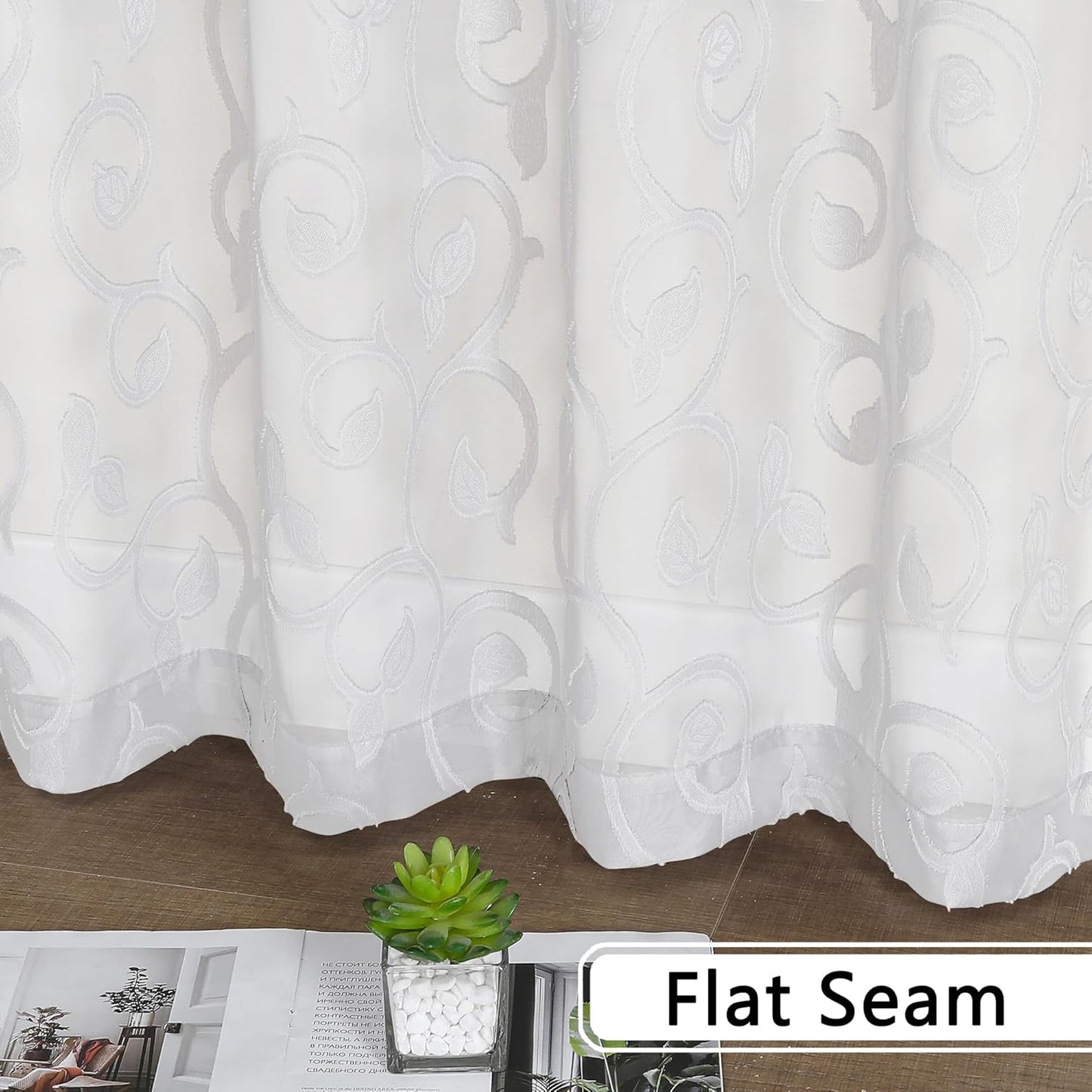 Furman Sheer White Curtains 84 Inches Long for Bedroom Living Room 2 Panels Set, White Curtains Jacquard Clip Light Filtering Semi Sheer Curtain Rod Pocket Window Drapes, 2 Pcs Each 40 W 84 L