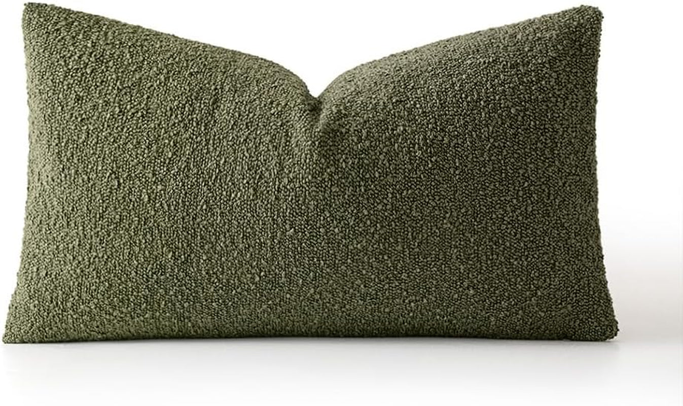 Textured Boucle Throw Pillow Cover Olive Green Accent Solid Lumbar Spring Pillow Case Decorative Soft Pack of 1 Couch Cushion Chair Sofa Bedroom Livingroom Home Decor,12X20 Inch