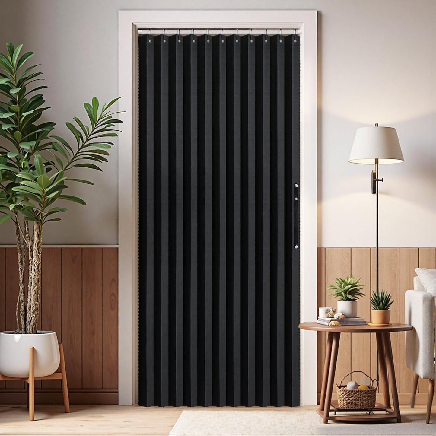 Halloween Accordion Style Magnetic Folding Door Curtains for Doorways/Closet, Room Divider Pleated Drapes with Hooks for Interior Living Room/Open Closet, Black, W42 X L78 Inches, 1 Panel