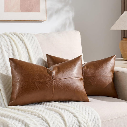 2 Packs Brown Boho Lumbar Faux Leather Decorative Throw Pillow Covers 12X20 Inch for Couch Bed Sofa, Cross Patchwork Textured Rectangle Cushion Case, Rustic Western Farmhouse Home Decor