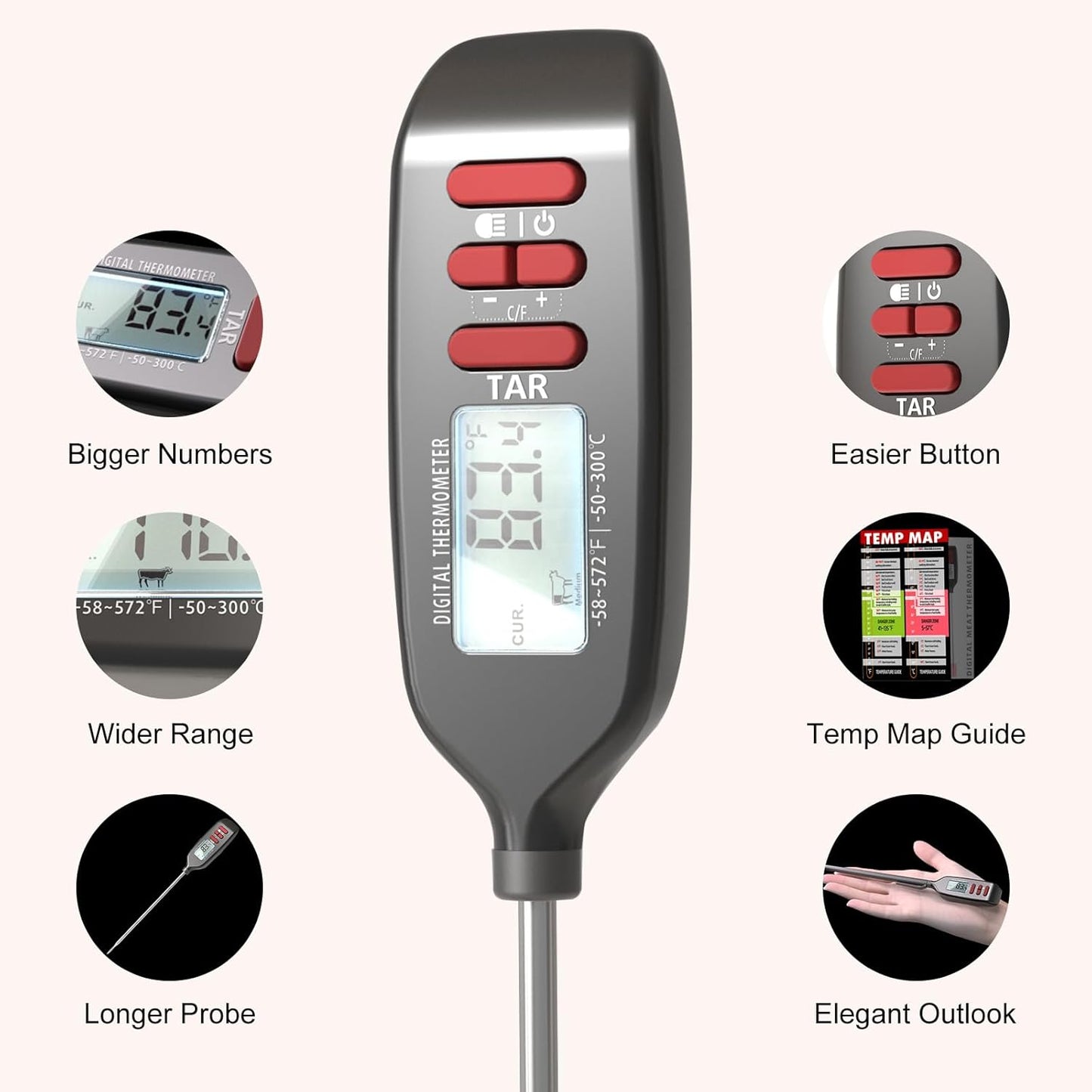 Meat Thermometer Digital, Smart Instant Read Food Thermometer with Super Long Probe for Cooking Grilling Baking Kitchen Candy BBQ Oil Liquid, Backlit Display, Battery Included