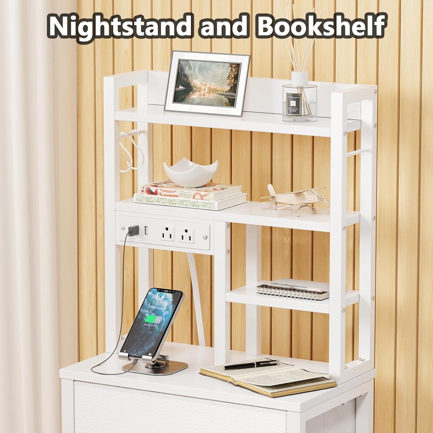 Tall LED Nightstand with Charging Station, USB Ports, 4 PVC Fabric Drawers, and 4-Tier Storage Shelf - Versatile Bedside Table for Bedroom, Dorm, or Office (White)