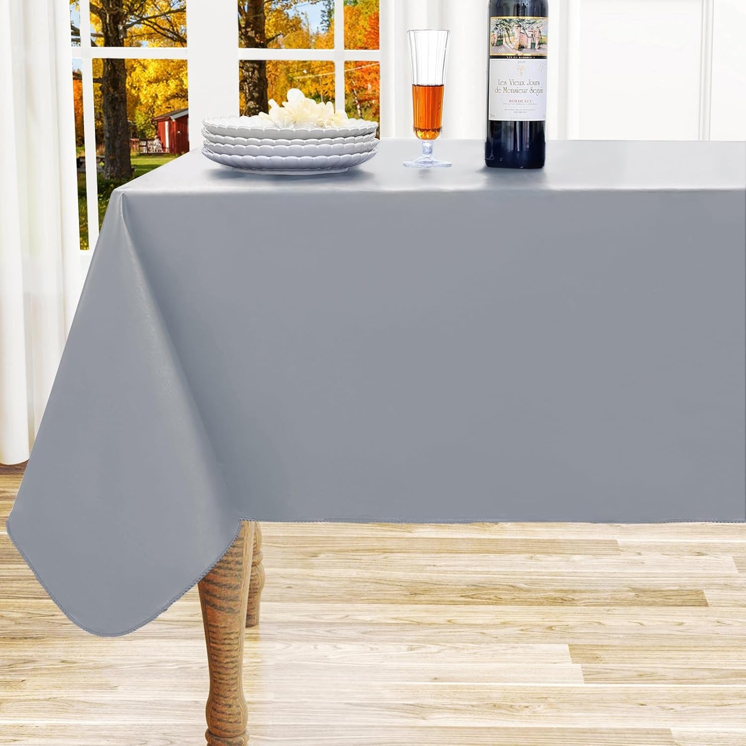 Rectangle Vinyl Tablecloth, Waterproof Spillproof Plastic Flannel Backed Table Cloth, Wipe Clean Table Cover for Dining, Buffet Parties and Camping (Grey, 54" X 78")