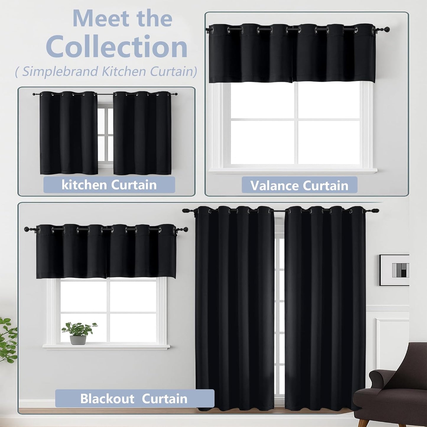 Halloween Black Short Cafe Curtains 36 Inch Length 2 Panels Set, Half Window Grommet Privacy Drape Tiers for Kitchen, Thermal Insulated Curtains Blackout for Bathroom Shades, W40 X L36