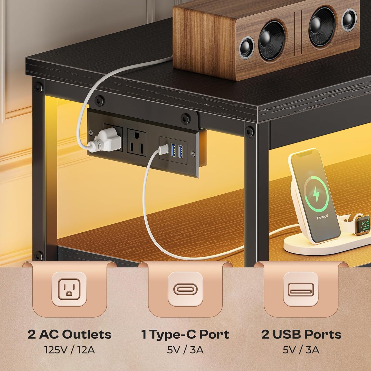 LED TV Stand for Bedrooms and Living Rooms, 47-Inch Dresser with Storage for 43, 50, and 55-Inch TVs, Black Entertainment Center with Power Outlets and 6 Drawer Fabric Dresser