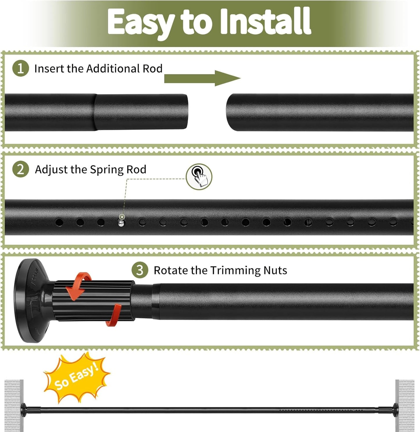 Tension Curtain Rod 51-165In(4.25-13.75Ft), Extra Long Outdoor Curtain Rod No Drilling for Window or Bathroom Patio, Adjustable Spring Shower Rod, Easy to Install Never Rust, Rod Diameter 1.26In-Black