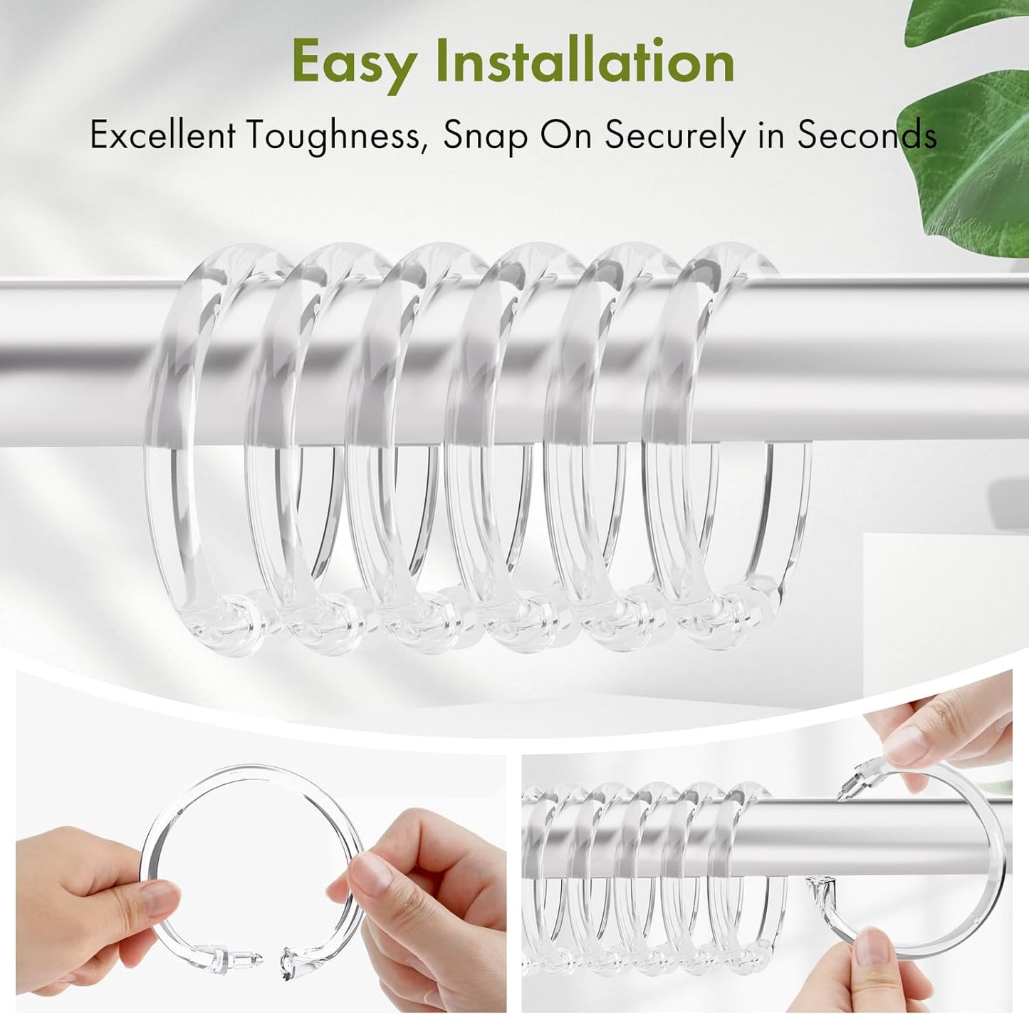 Plastic Shower Curtain Rings, 12 Pcs Clear Shower Curtain Hooks, O Shape Shower Curtain Hooks Rings, Easy to Snap Closure Shower Hooks for Shower Curtain and Liner Bathroom
