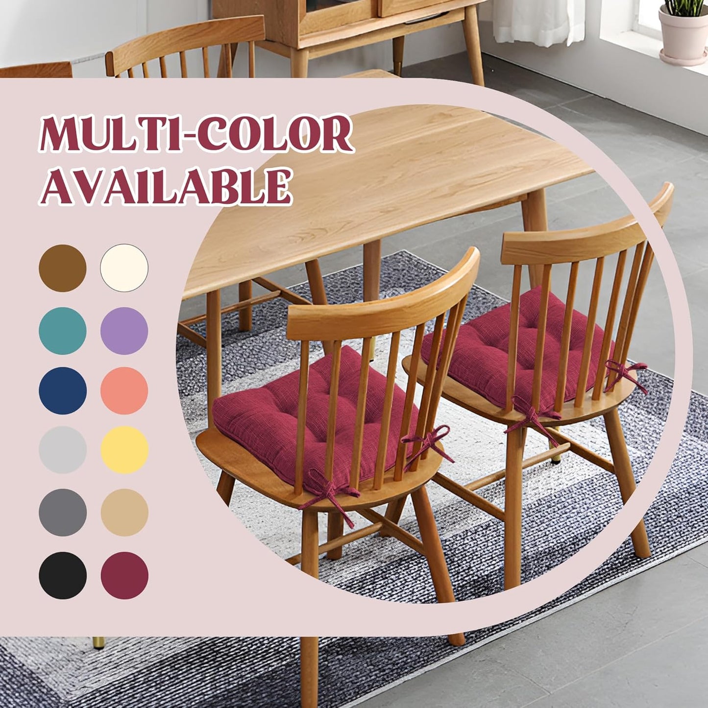 ® Chair Cushions for Dining Chairs, Tufted Memory Foam Chair Pads with Non-Slip Backing, Kitchen Seat Cushions with Ties, Washable Pads Set of 4, 15.5" X 15.5" X 4", Wine