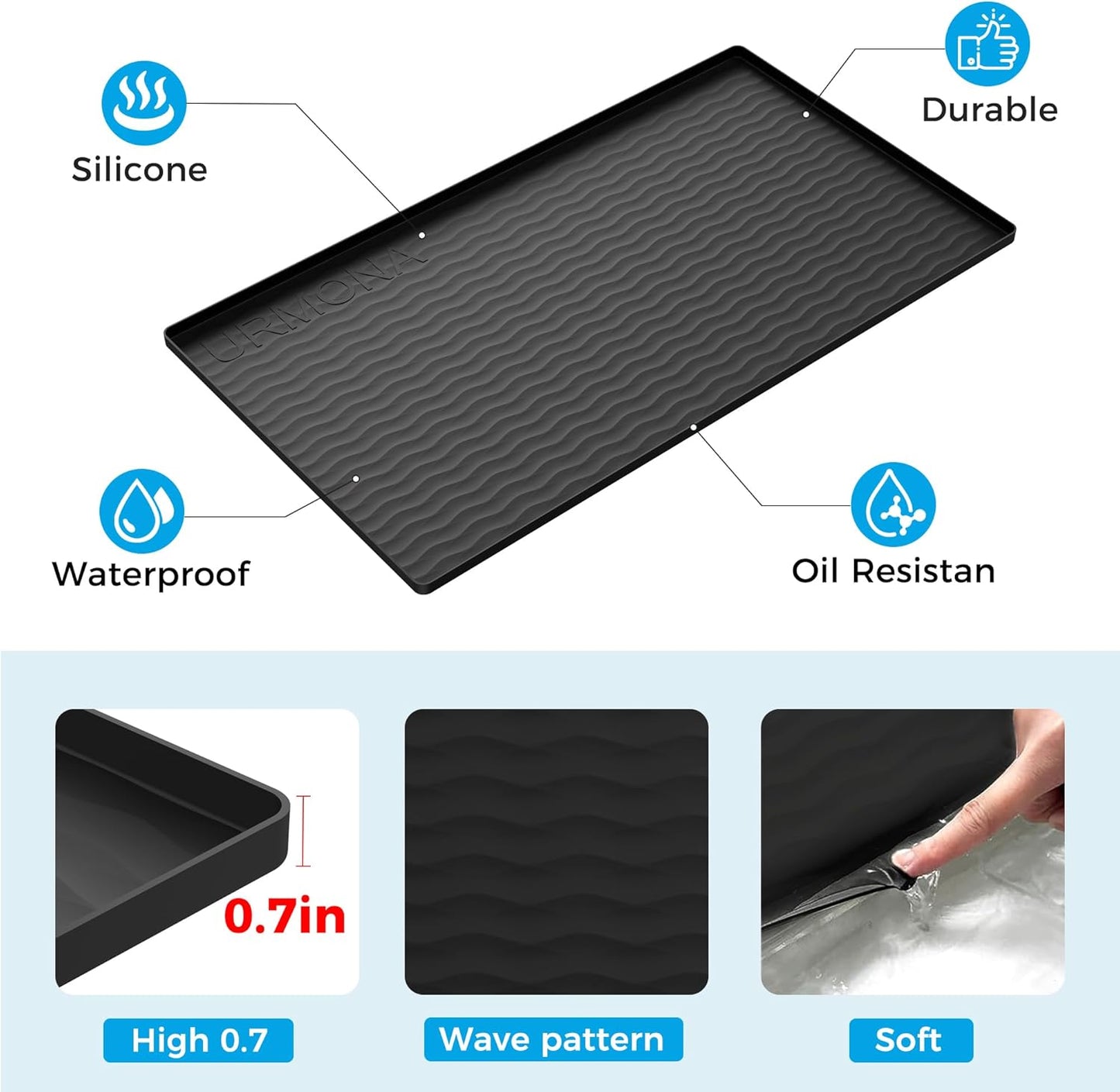 19'' X 19'' Waterproof Silicone under Sink Mat Cabinet and Counter Protector, Shelf Liner for Kitchen and Bathroom, Storage and Organizers, Litter Mat, Pet Cat Puppy Essentials(Black)