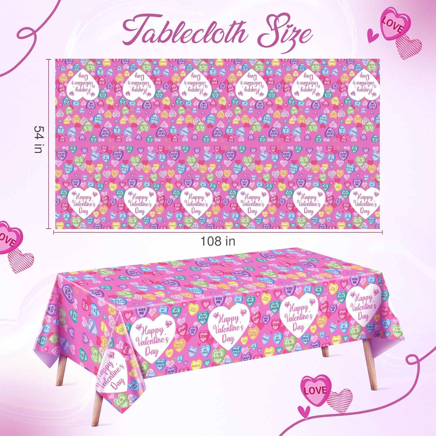 Set of 4 Disposable Waterproof Tablecloths, 54x108 inches, Featuring Love Hearts and Text for Galentine's Day, Weddings, Anniversaries, Engagements, and Celebrations