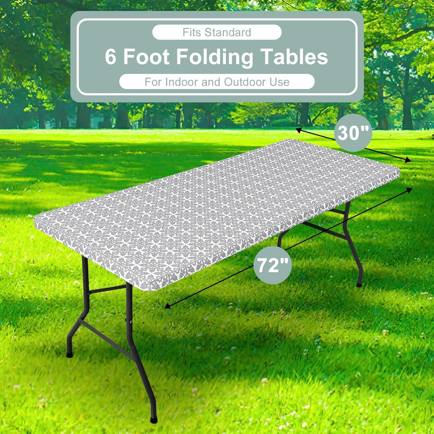 2 Pack 6 Foot Rectangle Picnic Tablecloth, Elastic Fitted Waterproof Table Cover, Windproof Washable Polyester Table Cloth for Camping, Indoor and Outdoor (Grey, 30" X 72")