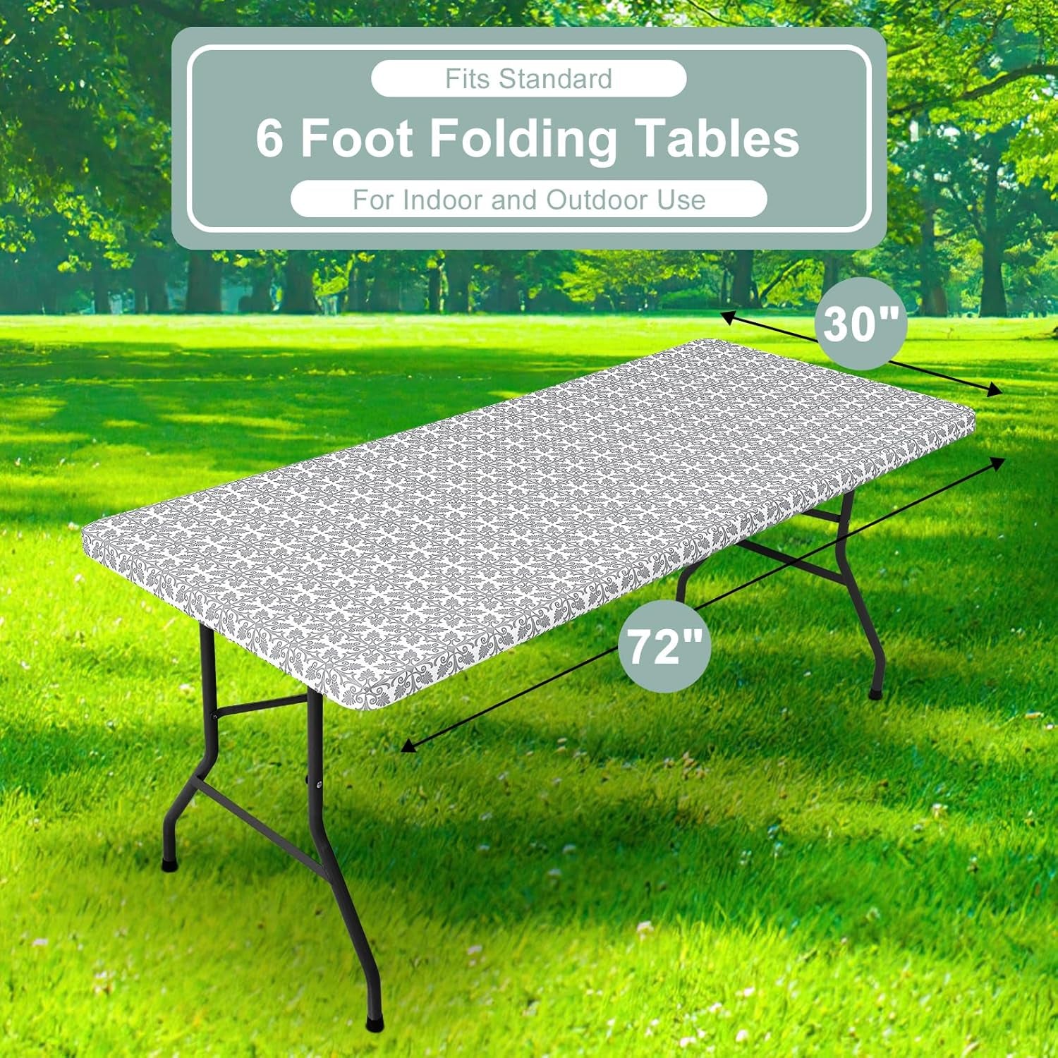 2 Pack 6 Foot Rectangle Picnic Tablecloth, Elastic Fitted Waterproof Table Cover, Windproof Washable Polyester Table Cloth for Camping, Indoor and Outdoor (Grey, 30" X 72")
