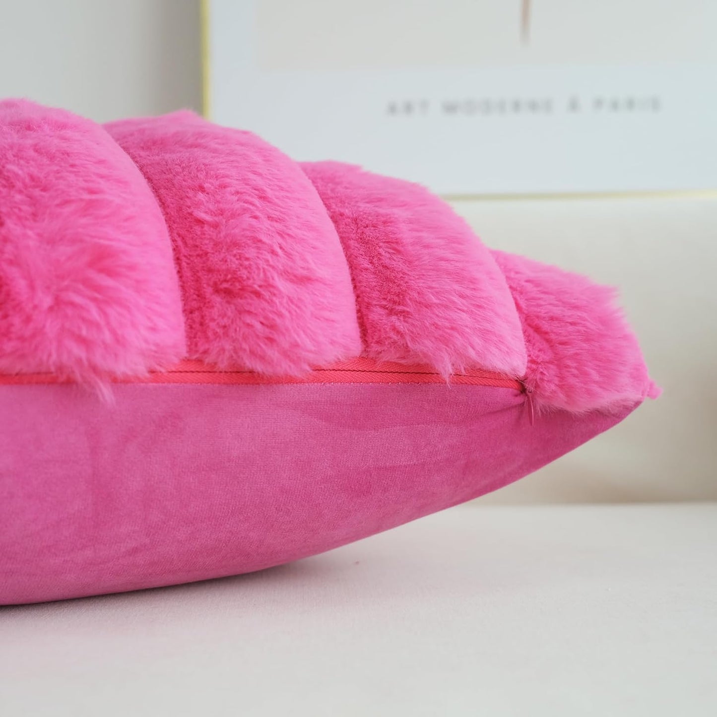 Pack of 2 Faux Fur Plush Decorative Throw Pillow Covers Couch Cushion Case Soft Fluffy Pillowcases Wide Stripe (Hot Pink, 16 X 16 Inch)