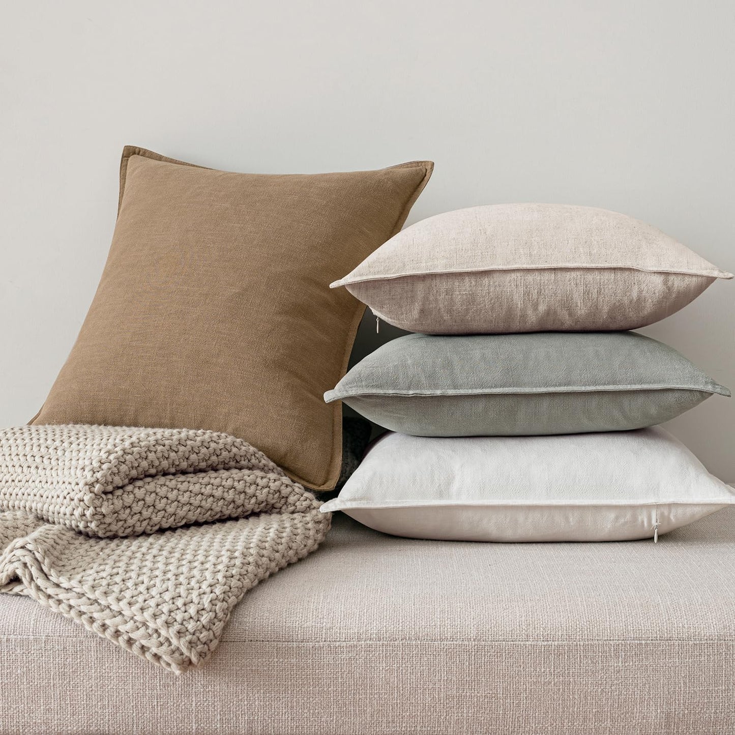 Set of 4 Neutral Linen Decorative Pillow Covers - Soft Solid Accent Cushion Cases for Modern Home Décor, 18x18 Inches