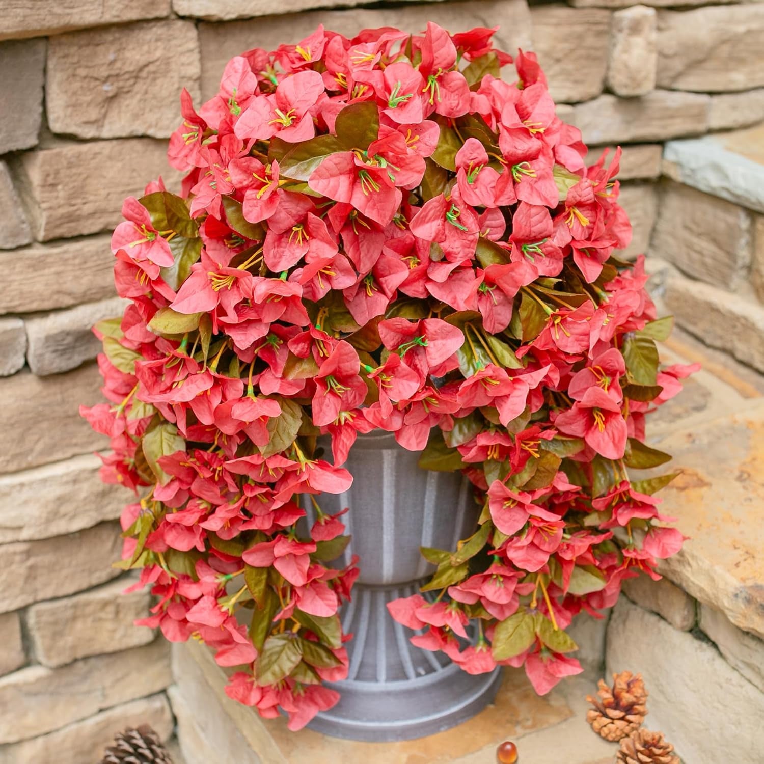 Bougainvillea Artificial Fall Hanging Flowers Plants for Outdoors Autumn Decoration, 2Pcs Faux Bougainvillea Vines Red Fake Flowers Realistic UV Resistant Silk Flowers for outside Planter Yard Home