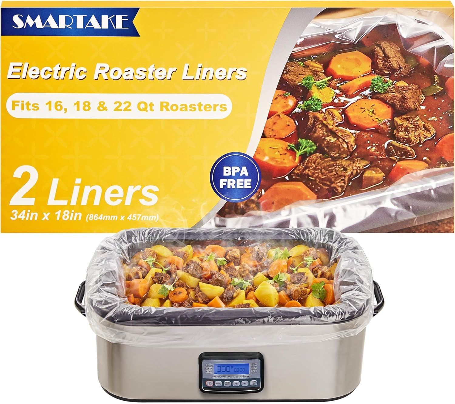 Electric Roaster Liners, 2 Count Disposable Roaster Liners, Fits 16, 18, 22 Quart Roasters, Roaster Pan Oven Liners Plastic Cooking Bags for Instant Cleanup, 18 X 34 Inch