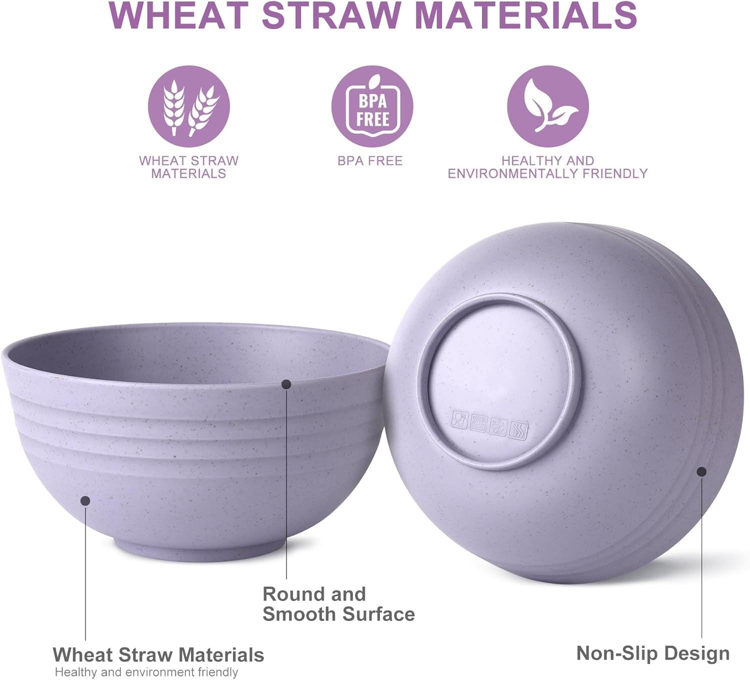 BPA Free Unbreakable Wheat Straw Cereal Bowls - Microwave & Dishwasher Safe Soup and Salad Bowls, Set of 8, 26Oz, Purple