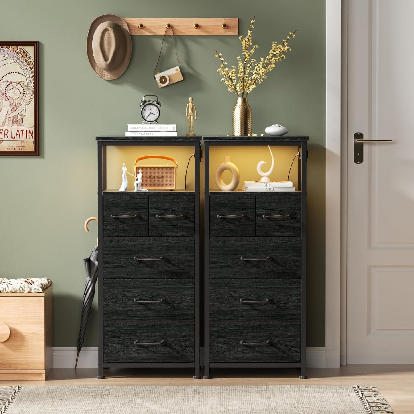 Elegant Black Oak Dresser and Nightstand with Charging Station, LED Lighting, and Fabric Bins - 5-Drawer Vertical Chest and Bedside Table for Bedroom and Entryway