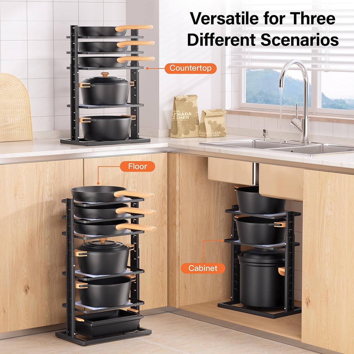 Pots and Pans Organizer for under Cabinet, 6-Tier Heavy Duty Pan Pot Organizers inside Cabinet Adjustable 14 to 23.39", Pot Rack Kitchen Cabinet Organization and Storage Holds up to 12" Cookware
