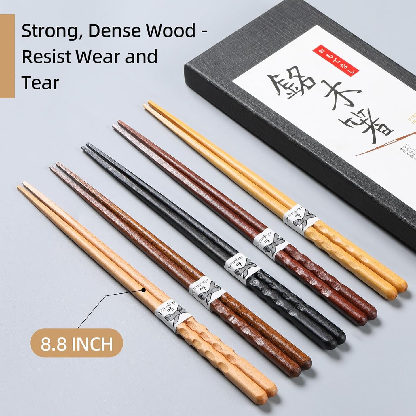 10 Pairs Reusable Wooden Chopsticks, Japanese Style Natural Wood Chopstick Classic Style Chop Stick 8.8 Inch