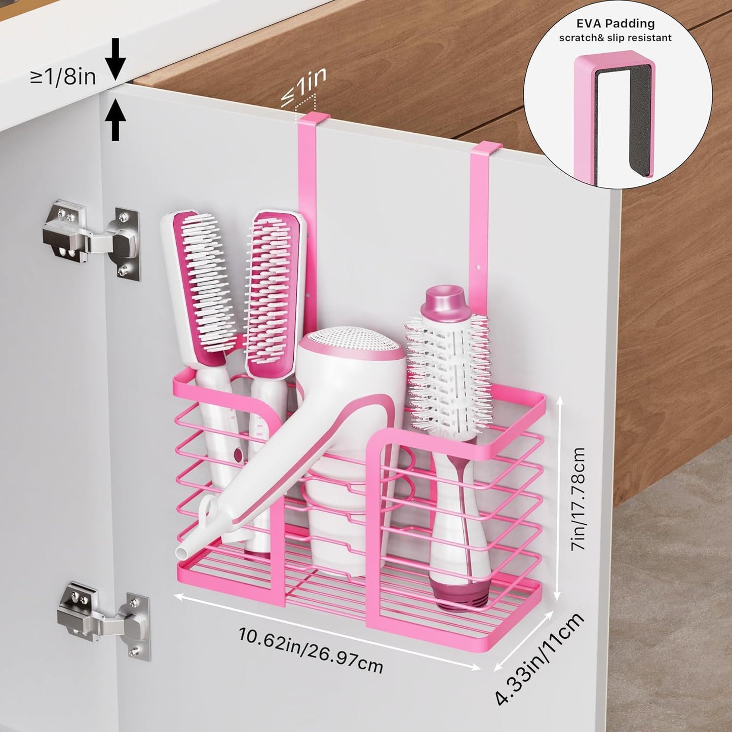 Pink Hair Dryer Holder - 3-Section Organizer for Hair Tools, Wall-Mounted/Cabinet Door Straightener Holder, Adjustable Height Metal Dryer and Curling Iron Organizer