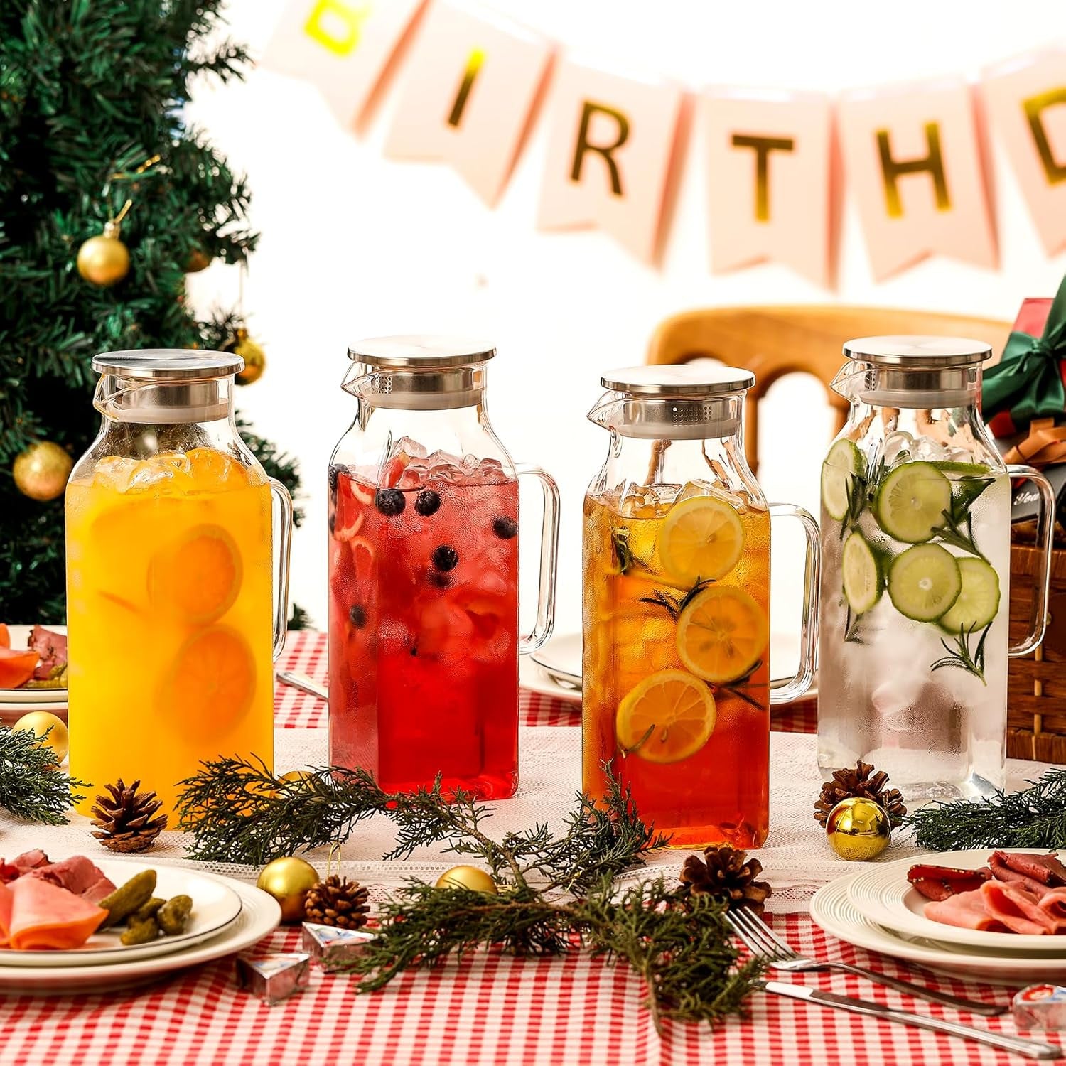 3 Pack 2 Liters/68 Oz Square Glass Pitcher with Lid and Handle for Fridge, Iced Tea and Coffee Carafe Beverage Serveware, Heat Resistant Borosilicate Water Jug for Hot/Cold Drinks and Milk