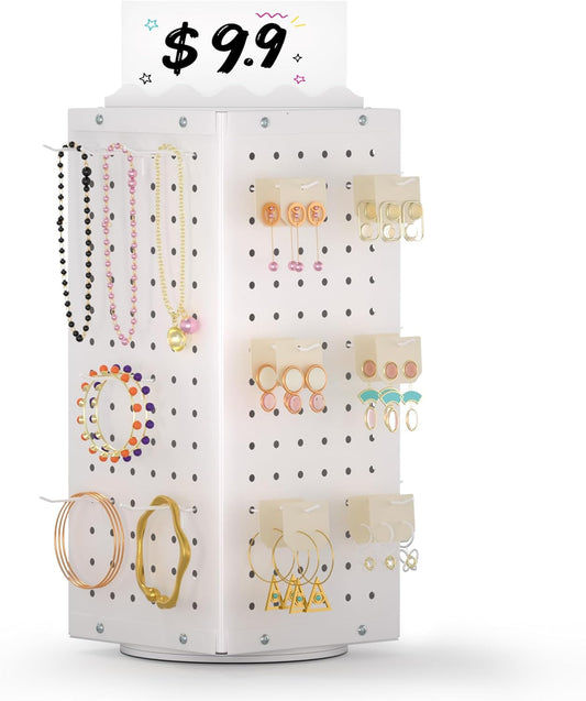 Metal Spinning Peg Board Display Stand with Removable Hooks – Earring Display Stands, Jewelry Display for Vendors White