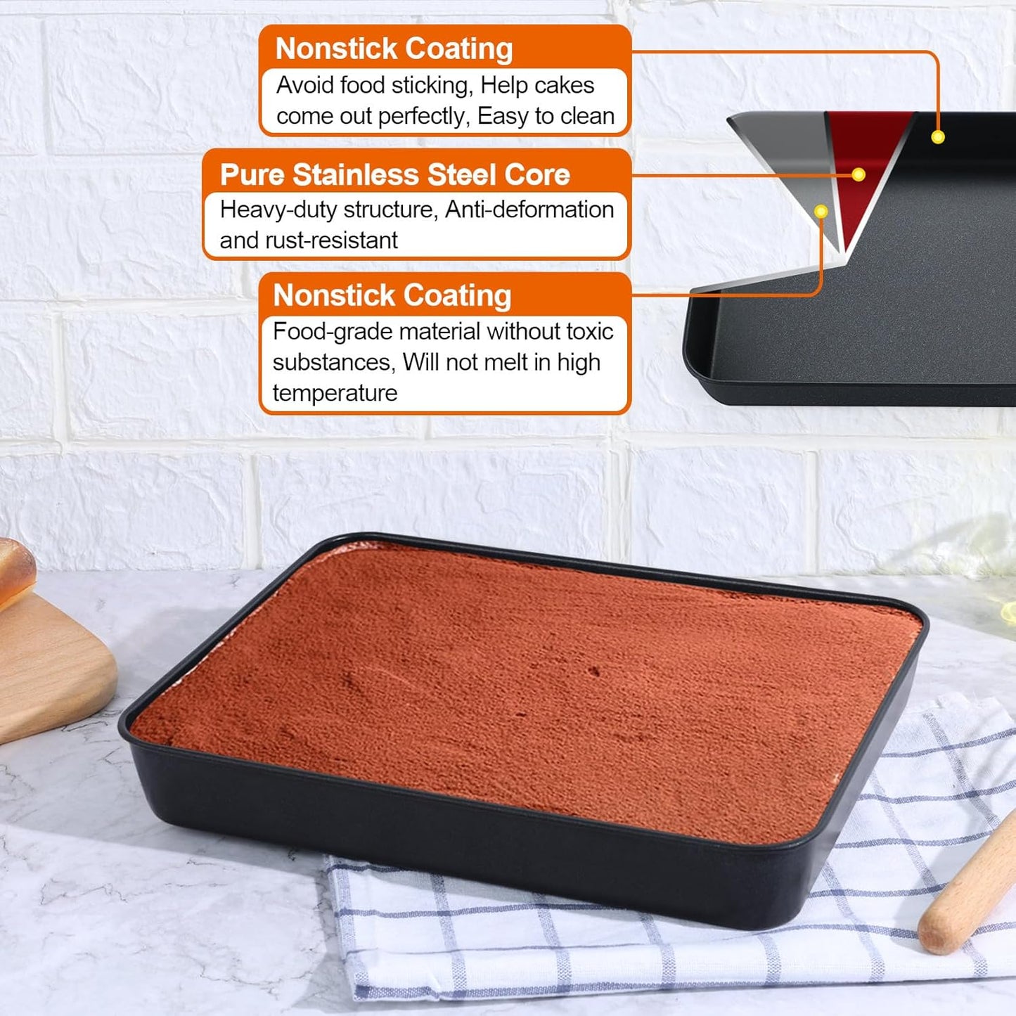 Toaster Oven Pan with Lid, Nonstick Cake Lasagna Pan Rectangular Tray for Baking Roasting Storing, Stainless Steel Core & Plastic Cover, Oven & Freezer Safe, (10.5 Inch, 2Pcs)