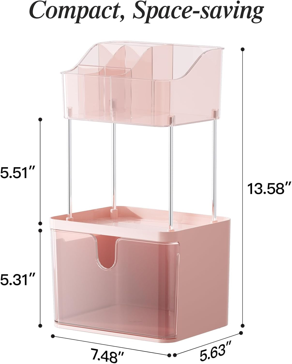 Makeup Organizer Countertop, 3-Tier Vanity Organizer with Large Drawers and Top 6-Grid Section, Suitable for Bathroom Counter, Dresser, Storage for Cosmetics, Skincare, Perfume, Lipstick, Pink