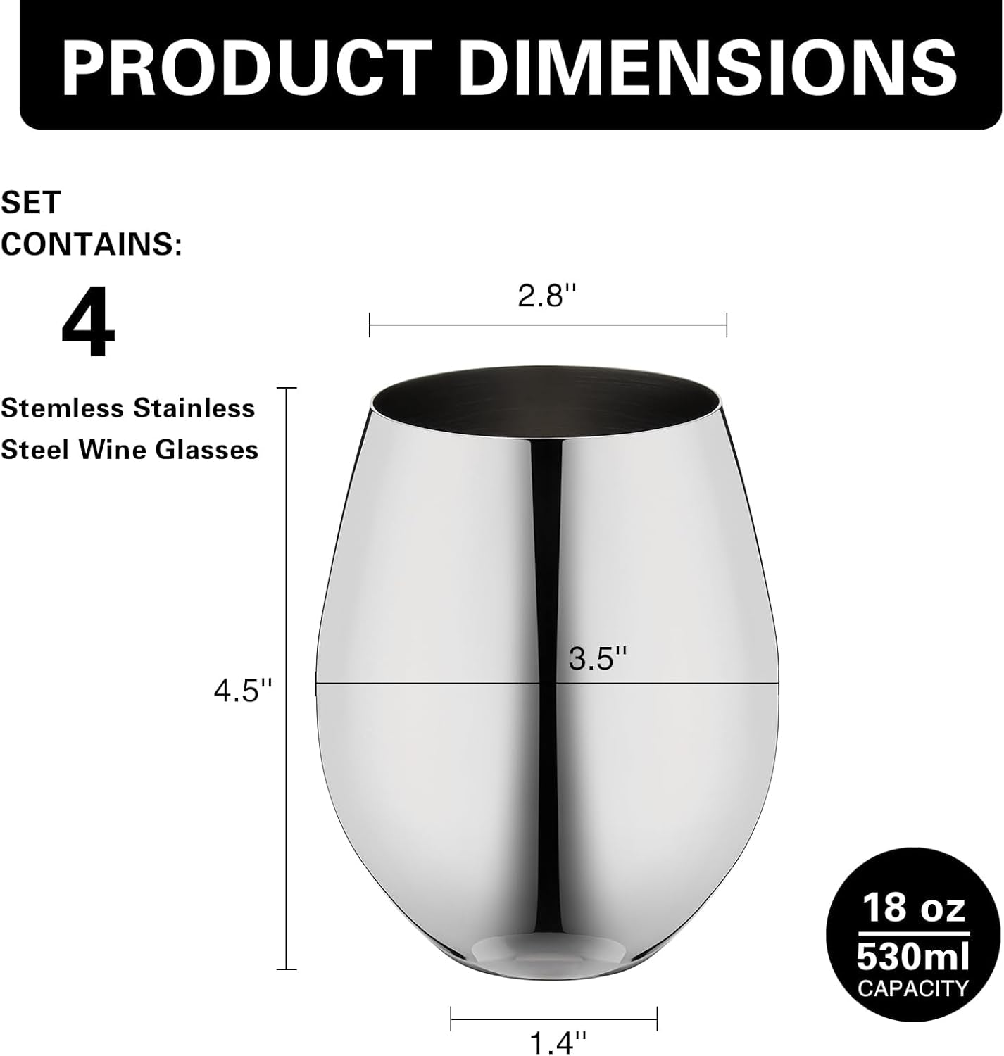 Stemless Stainless Steel Wine Glasses Set of 4, 18Oz Unbreakable Metal Wine Glass, Fancy, Unique Wine Goblets for Outdoor, Travel, Camping and Pool, Ideal Gift for Wine Lovers (Silver)