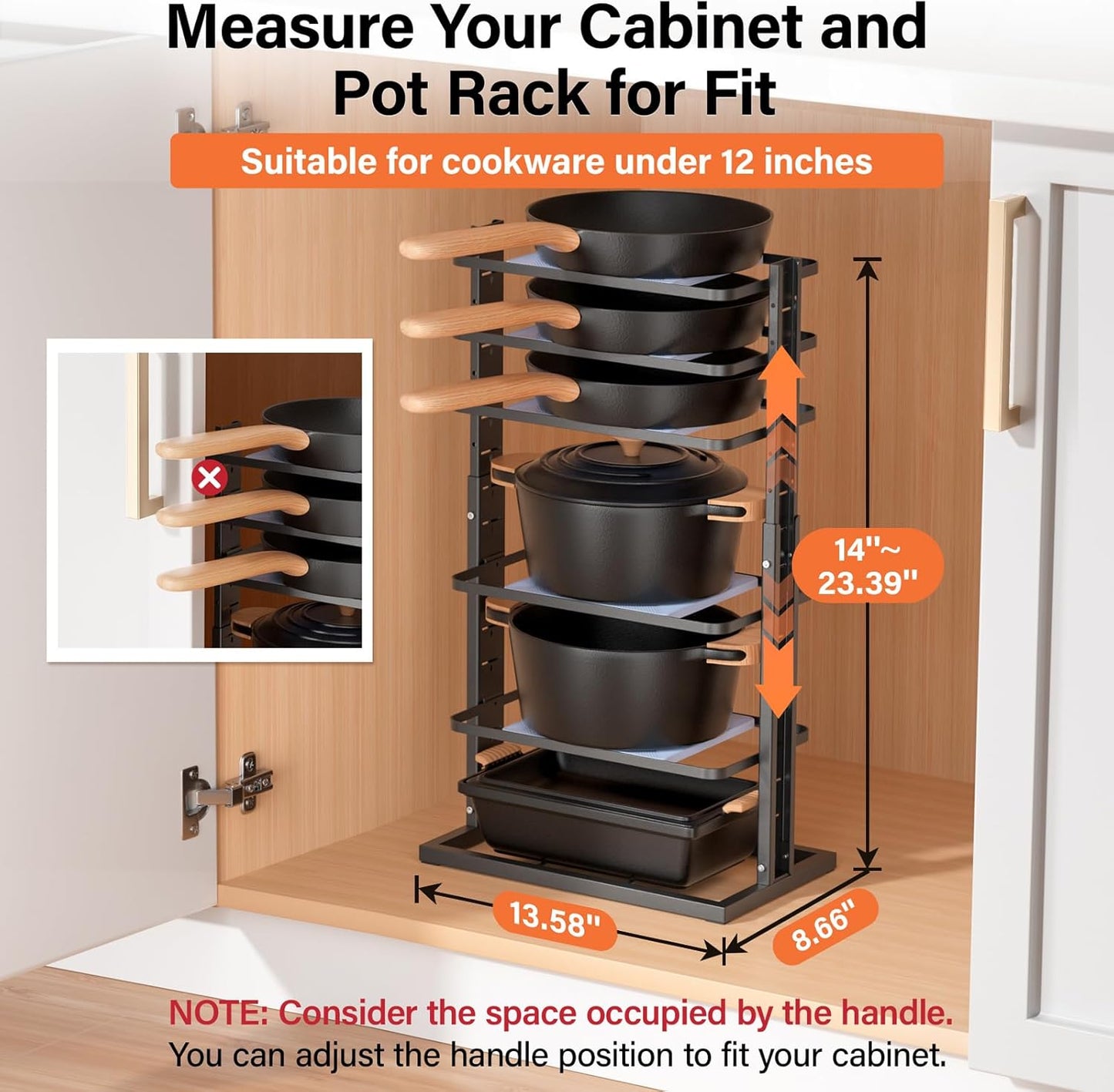Pots and Pans Organizer for under Cabinet, 6-Tier Heavy Duty Pan Pot Organizers inside Cabinet Adjustable 14 to 23.39", Pot Rack Kitchen Cabinet Organization and Storage Holds up to 12" Cookware