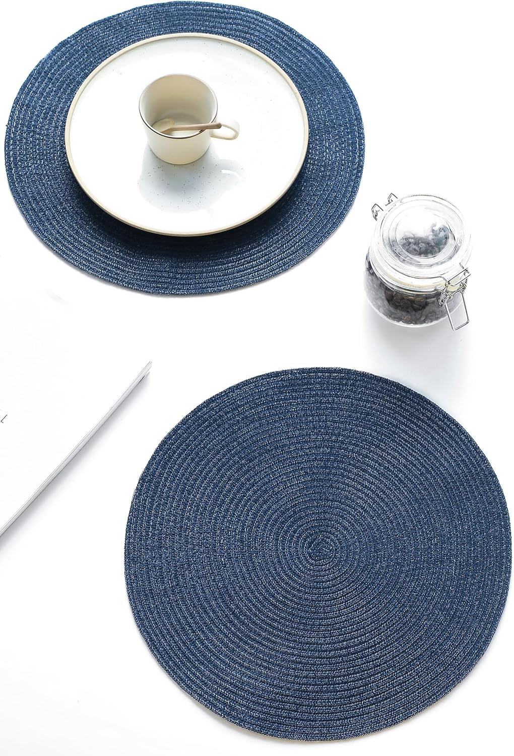 15-Inch Round Braided Placemats Set of 4, Washable Heat-Resistant Cotton-Polyester Circle Place Mats for Kitchen Dining Table - Navy Blue
