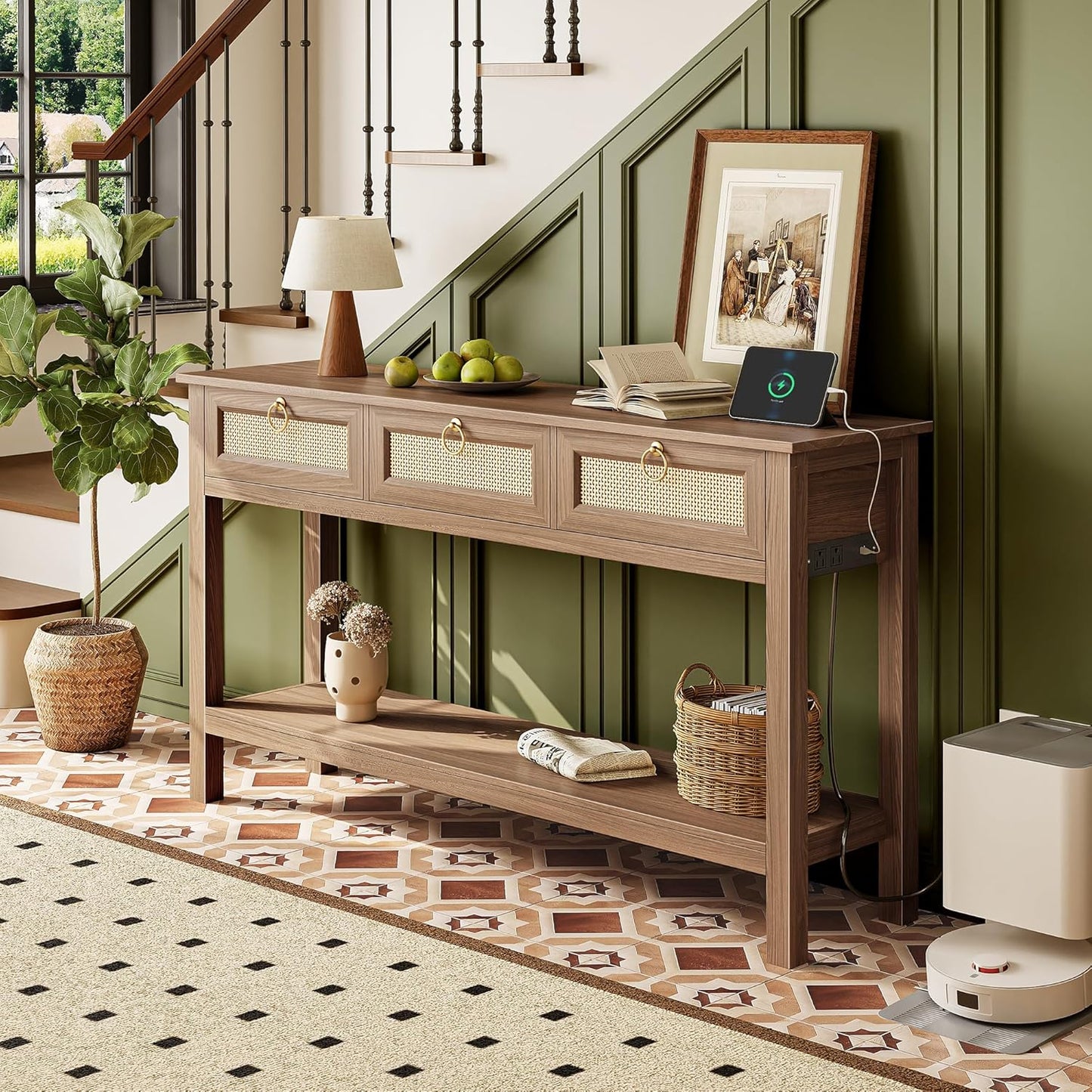 Rattan Console Sofa Table with Integrated Outlets and USB-C Port, 3-Drawer Entryway Table with Synthetic Rattan Surface and Open Shelf for Foyer and Hallway Storage, Brown