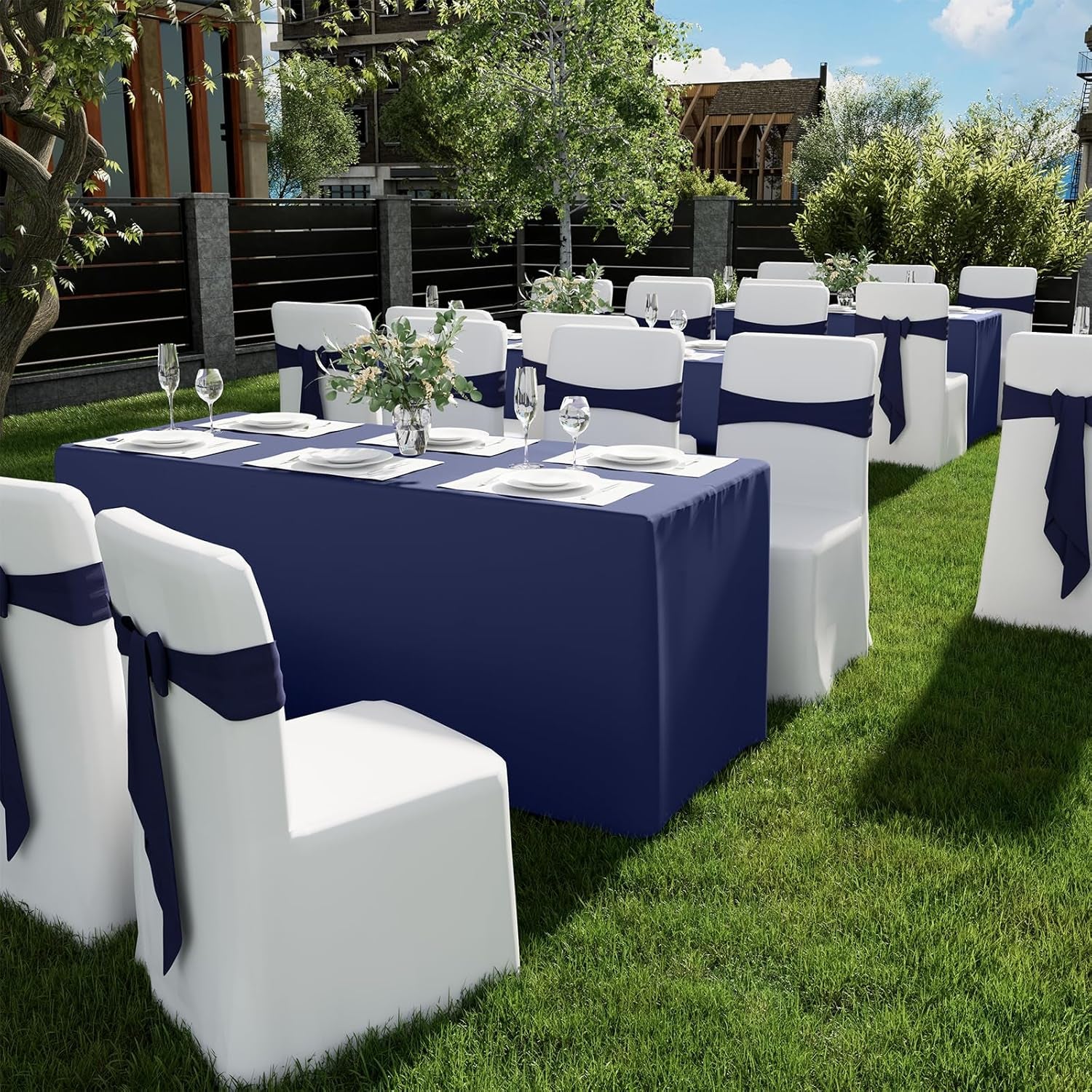 2 Packs Rectangle Fitted Tablecloth, 6 Foot Washable Fabric Table Cloth, Waterproof Polyester Table Cover for Party, Trade Show, Outdoor and Indoor (Navy Blue, 30" X 72")