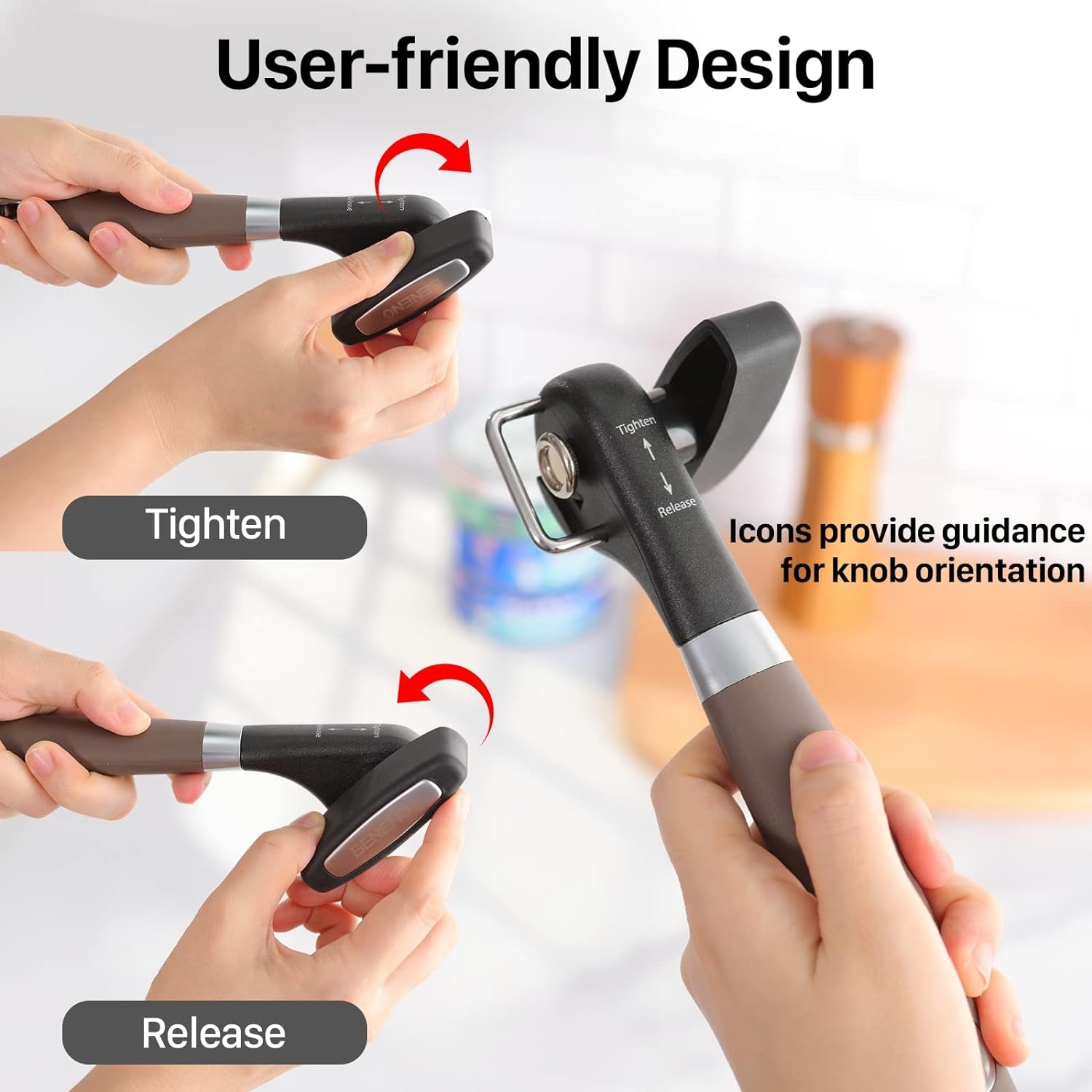 Can Opener, Manual Side Safe Cut Can Opener Smooth Edge with Durable Sharp Blade, Effort-Saving Knob & Comfortable Non-Slip Handle, Brown