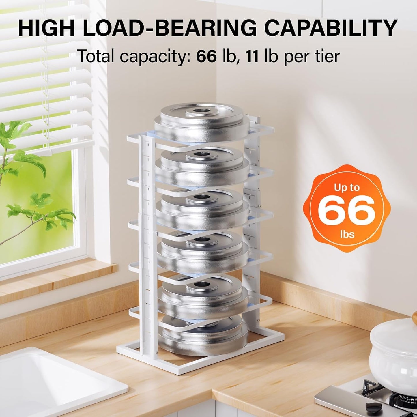 Pots and Pans Organizer for under Cabinet,6-Tier Heavy Duty Adjustable Pan Pot Organizers inside Cabinet, Pot Rack for Kitchen Cabinet Organization and Storage White